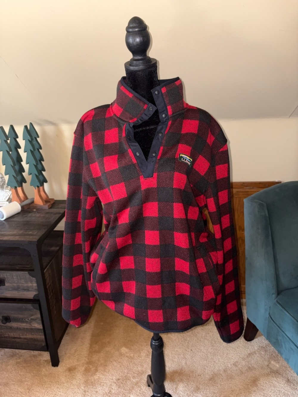Red & Black LL Bean Plaid Snap Pullover